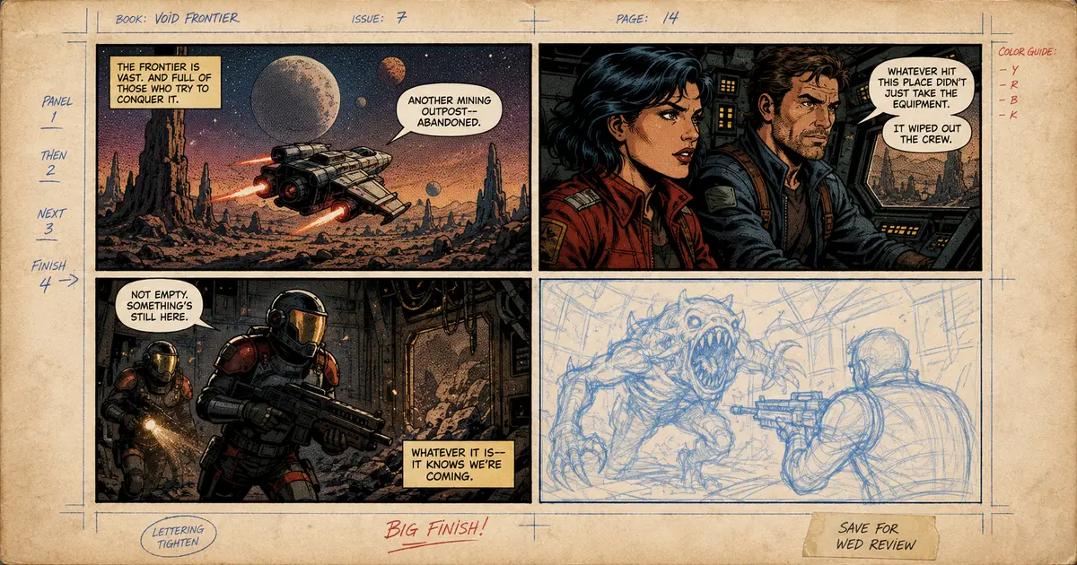 A science-fiction comic page part-finished: three inked and coloured panels, and a fourth still in blue pencil sketch.