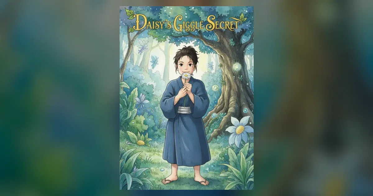 An anime-style page in soft watercolour: a child in a blue robe holding a daisy in a sunlit forest, with dragonflies and glowing motes in the air.
