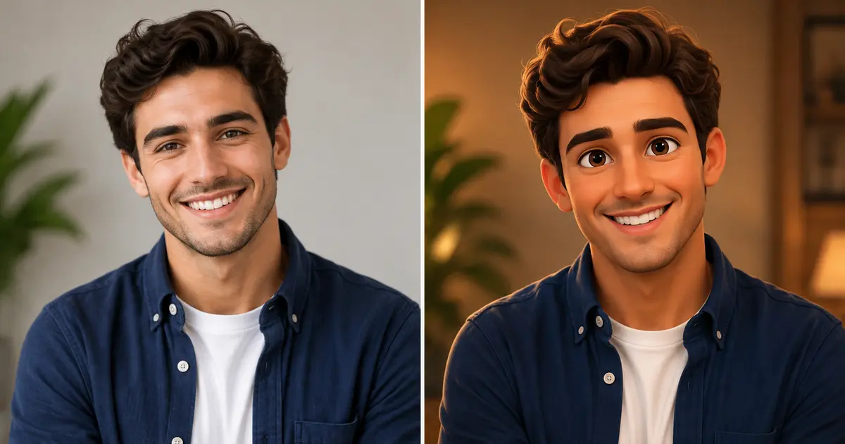 Side by side: a photograph of a smiling man in a navy shirt, and the same man redrawn as a 3D animated cartoon character.