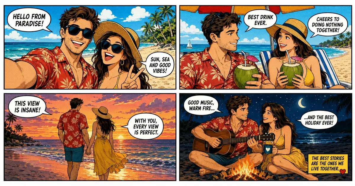 A four-panel comic page of a couple on a beach holiday: a selfie, drinks under a parasol, a sunset walk, and a guitar by a campfire.