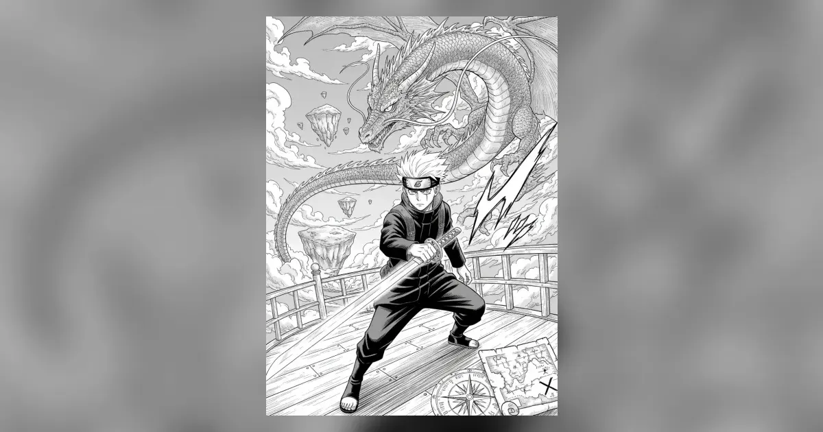 A manga page in black and white: a swordsman on a bridge with a dragon coiling through the clouds behind him, drawn with screentone shading and ink linework.